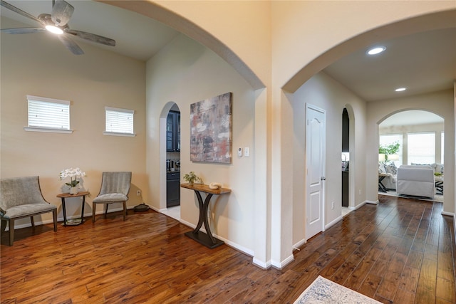 interior space featuring dark wood finished floors, recessed lighting, baseboards, and a ceiling fan