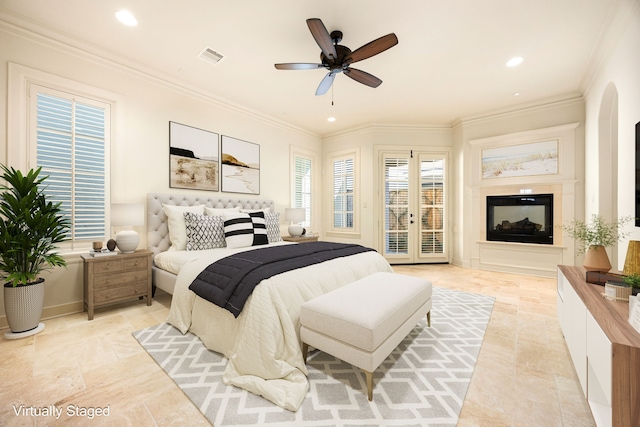 bedroom featuring visible vents, ornamental molding, recessed lighting, a multi sided fireplace, and access to exterior