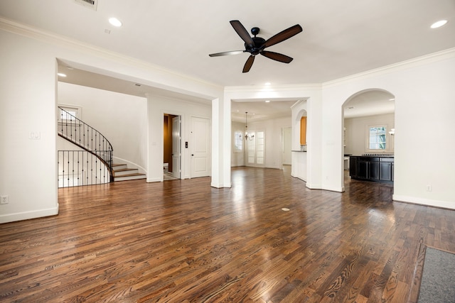 unfurnished living room featuring stairway, recessed lighting, baseboards, and dark wood-style flooring