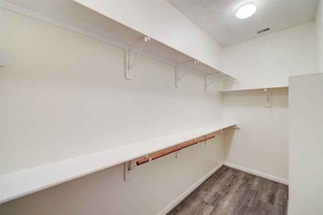 spacious closet featuring visible vents and dark wood-style flooring