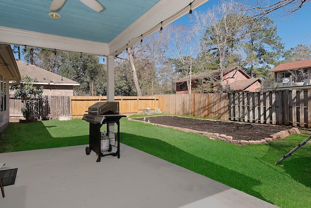 view of yard featuring a fenced backyard and a patio area