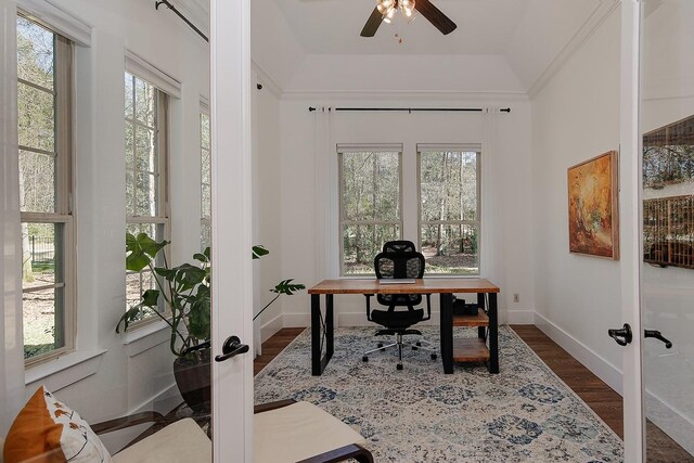 office with dark wood finished floors, french doors, baseboards, and a healthy amount of sunlight