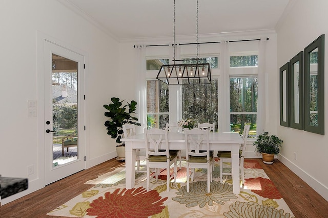 dining room with wood finished floors, baseboards, and ornamental molding