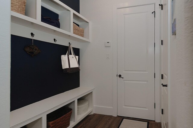 mudroom with dark wood-style floors