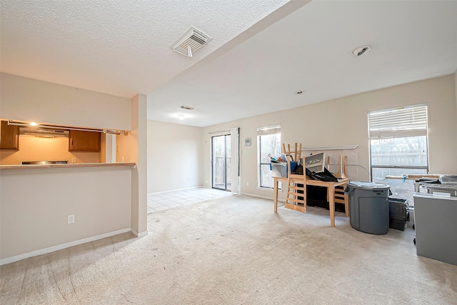 office space with baseboards, light colored carpet, visible vents, and a textured ceiling