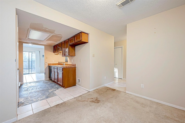 kitchen with visible vents, light countertops, light carpet, a textured ceiling, and a sink