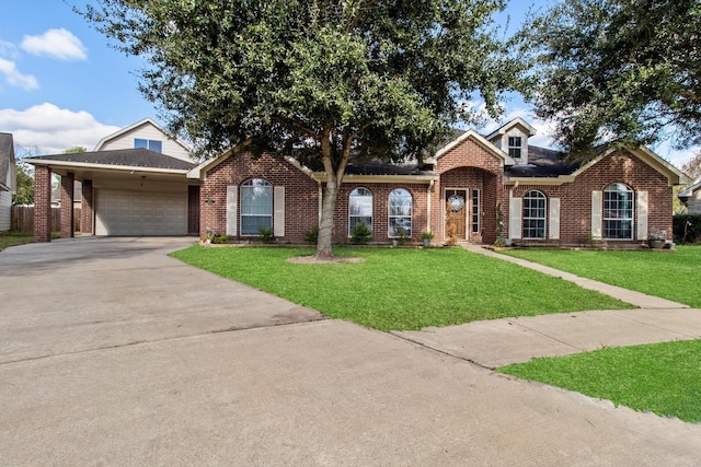 view of front of house with brick siding, a front lawn, concrete driveway, roof with shingles, and an attached garage