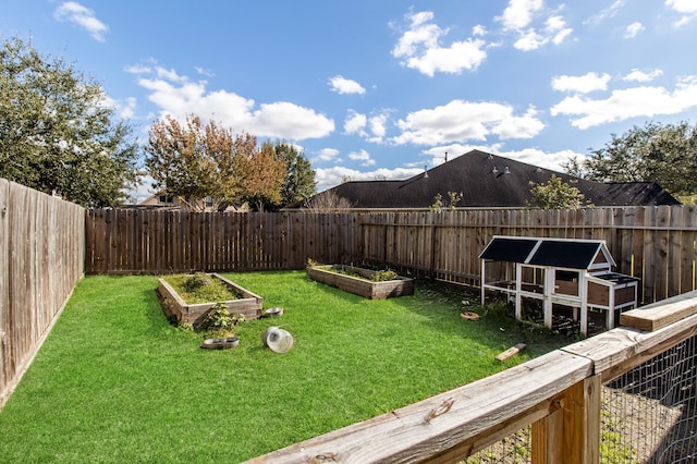 view of yard featuring a vegetable garden and a fenced backyard