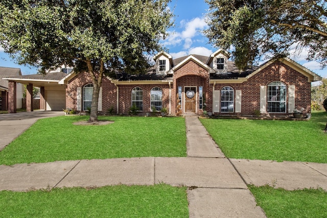 cape cod-style house with brick siding, concrete driveway, and a front lawn