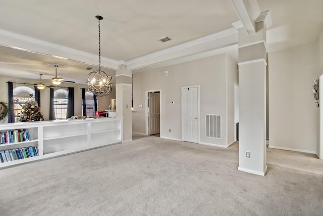 unfurnished living room with ceiling fan with notable chandelier, baseboards, visible vents, and carpet floors