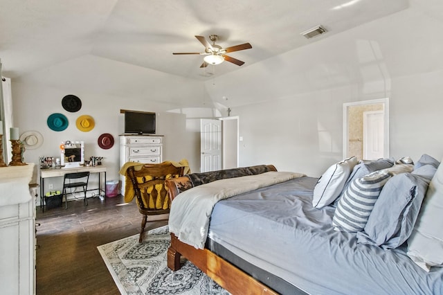 bedroom featuring visible vents, ceiling fan, lofted ceiling, and dark wood-style flooring