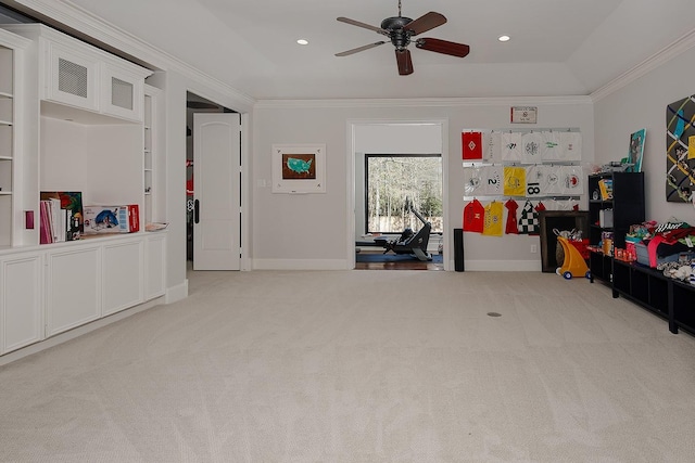 interior space with crown molding, recessed lighting, and light colored carpet