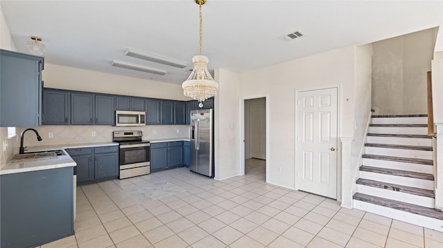 kitchen with visible vents, a sink, backsplash, stainless steel appliances, and light countertops