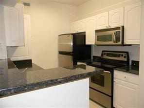 kitchen featuring dark countertops, white cabinetry, a peninsula, and stainless steel appliances