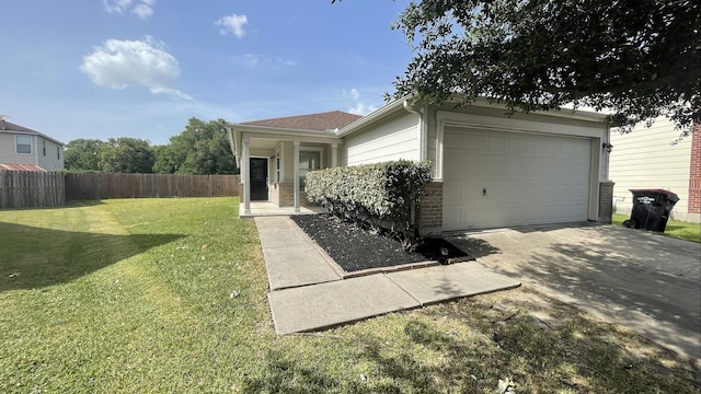 view of front facade featuring fence, concrete driveway, an attached garage, a front yard, and brick siding