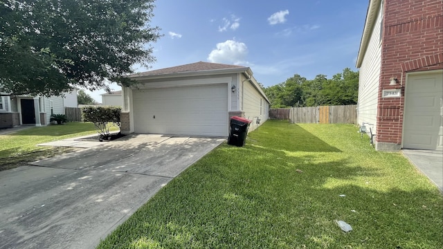 view of home's exterior with a yard, fence, brick siding, and roof with shingles