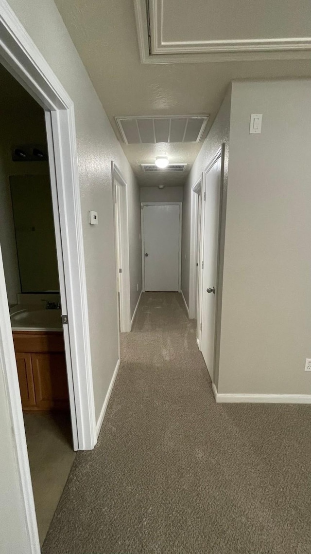 hallway with baseboards, visible vents, and carpet floors