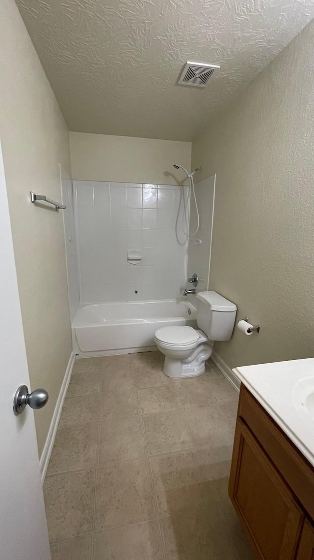 full bathroom featuring visible vents, toilet, vanity, a textured ceiling, and  shower combination