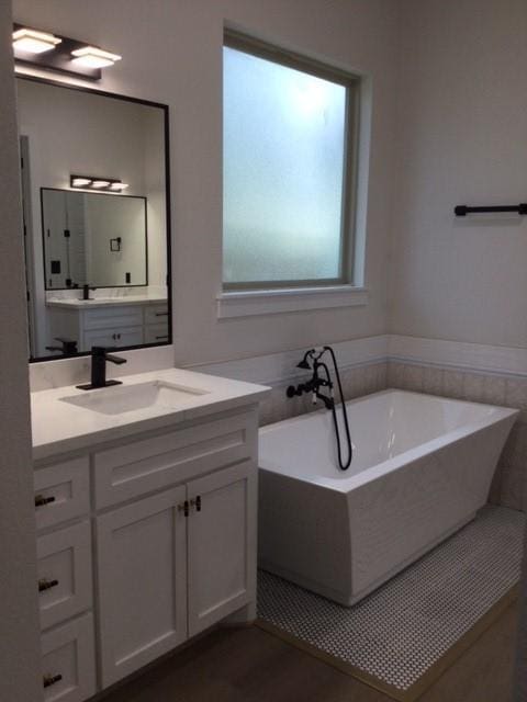 full bath featuring a freestanding bath and vanity