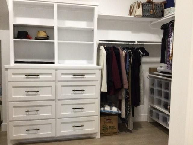 walk in closet with light wood finished floors