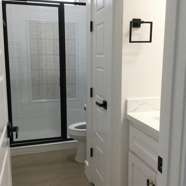 full bath featuring a shower stall, toilet, and vanity