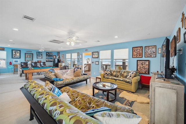 living area with visible vents, recessed lighting, pool table, and ceiling fan