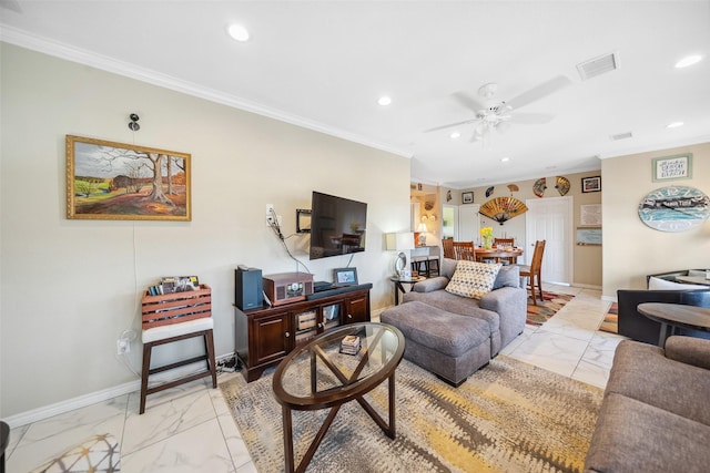 living area featuring recessed lighting, baseboards, marble finish floor, and ornamental molding