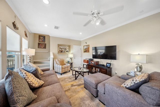 living room featuring visible vents, recessed lighting, ceiling fan, and ornamental molding