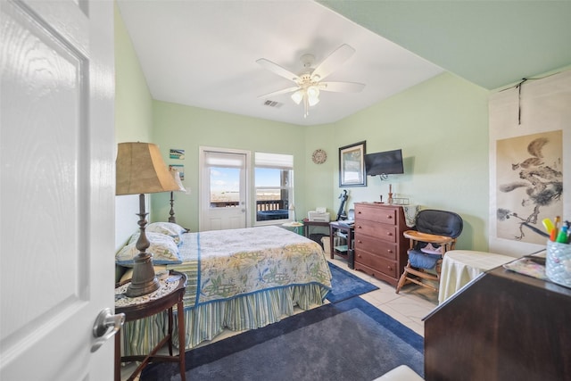 bedroom featuring visible vents and ceiling fan