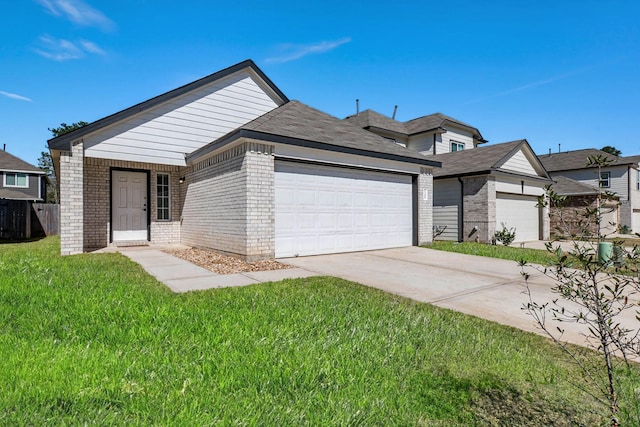 single story home with a garage, brick siding, concrete driveway, and a front lawn