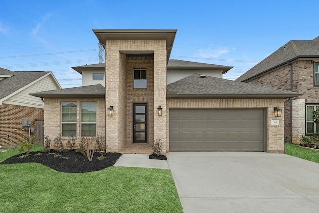 view of front of home featuring brick siding, an attached garage, concrete driveway, and roof with shingles