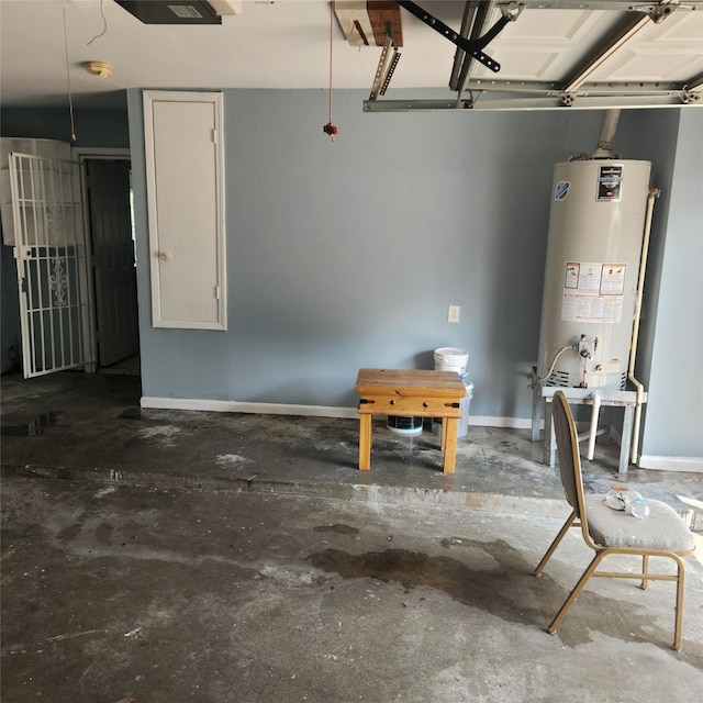 garage featuring a garage door opener, baseboards, and water heater