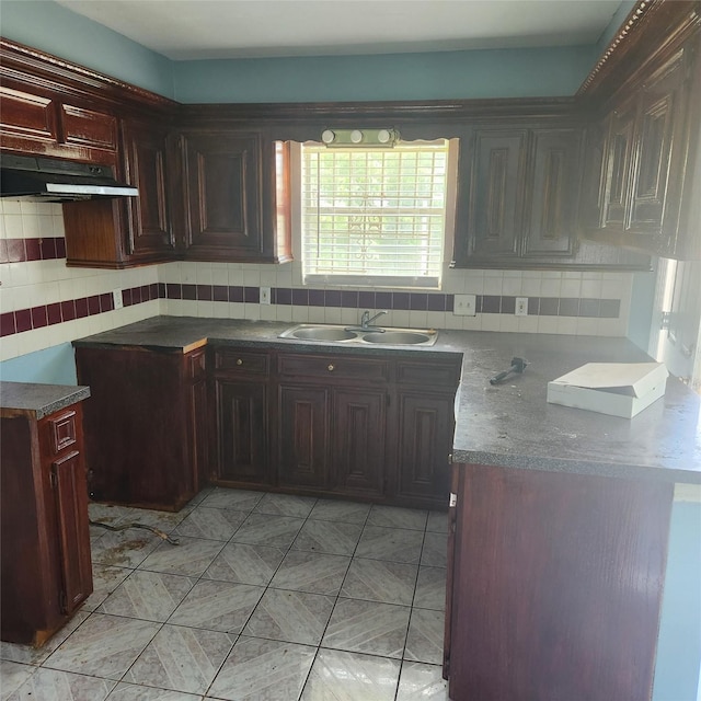 kitchen featuring backsplash, under cabinet range hood, and a sink