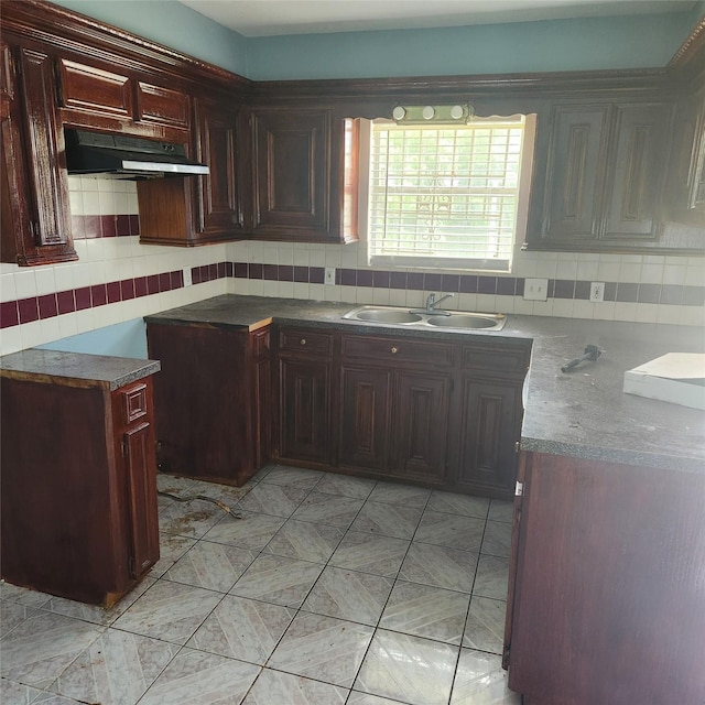 kitchen with a sink, decorative backsplash, and under cabinet range hood