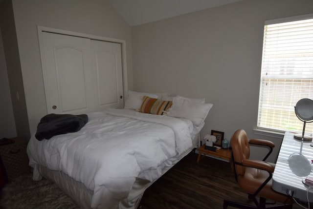 bedroom featuring a closet, lofted ceiling, and wood finished floors