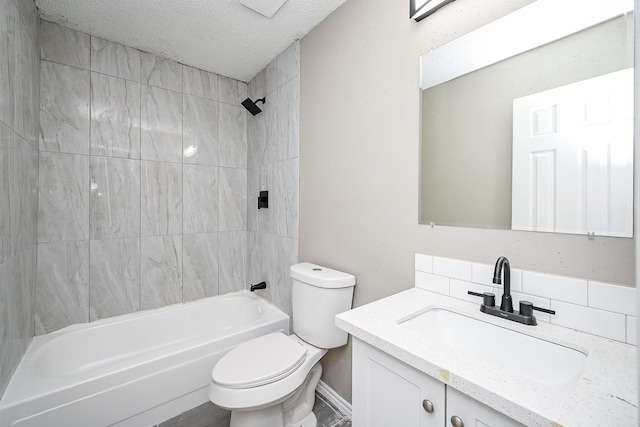 full bath featuring tub / shower combination, toilet, vanity, and a textured ceiling