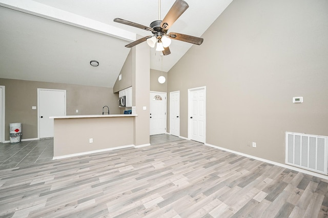 unfurnished living room featuring visible vents, a ceiling fan, a sink, light wood finished floors, and baseboards