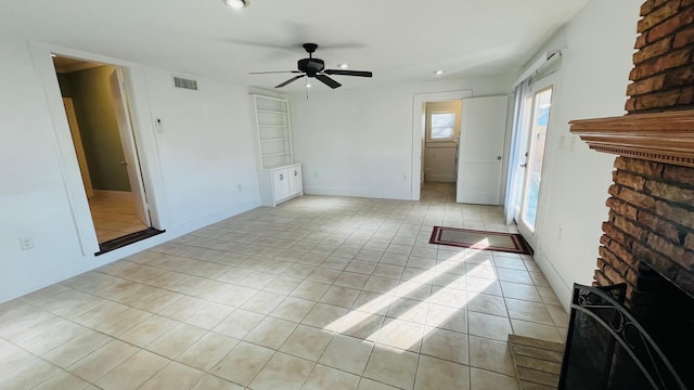 unfurnished living room with visible vents, baseboards, ceiling fan, light tile patterned floors, and recessed lighting