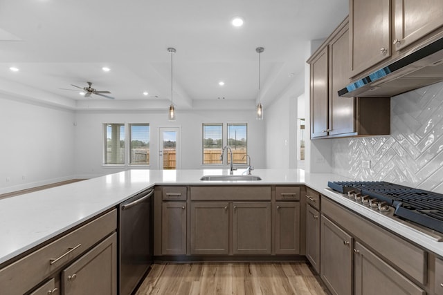 kitchen featuring light wood-style flooring, a sink, light countertops, under cabinet range hood, and appliances with stainless steel finishes