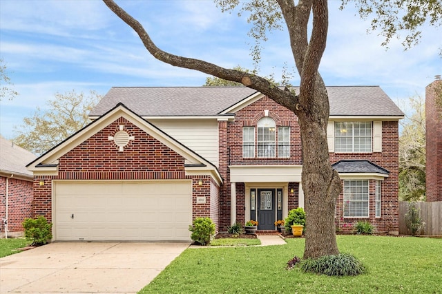 traditional-style home with brick siding, a shingled roof, a front lawn, concrete driveway, and a garage