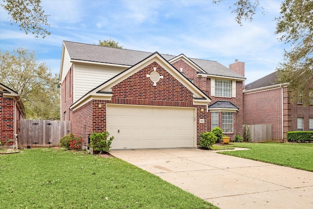 traditional-style home with a front yard, brick siding, a garage, and driveway