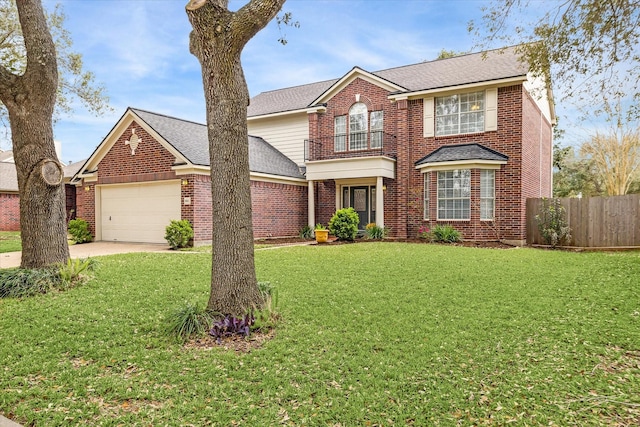 traditional home featuring a front lawn, driveway, fence, an attached garage, and brick siding