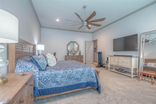 bedroom featuring recessed lighting, carpet, ceiling fan, and crown molding