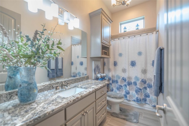 full bathroom with toilet, vanity, and an inviting chandelier