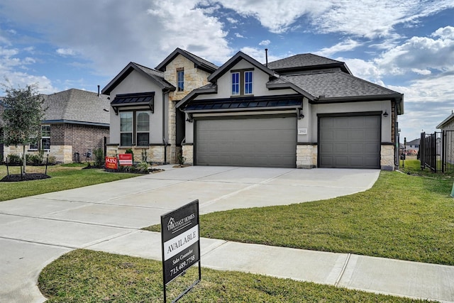 2512 Seneca Lake Dr, Texas City, TX 77568 - french country inspired facade featuring stone siding, a front lawn, and concrete driveway