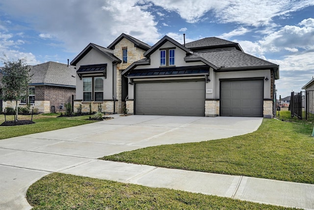 2512 Seneca Lake Dr, Texas City, TX 77568 - french country inspired facade featuring stone siding, driveway, a standing seam roof, a garage, and stucco siding
