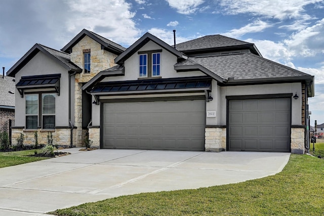 2512 Seneca Lake Dr, Texas City, TX 77568 - french country home featuring stone siding, stucco siding, concrete driveway, roof with shingles, and a standing seam roof