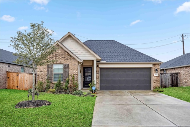 ranch-style home featuring a front lawn, brick siding, an attached garage, and driveway