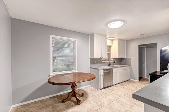 kitchen with a sink, white cabinets, light countertops, baseboards, and dishwasher