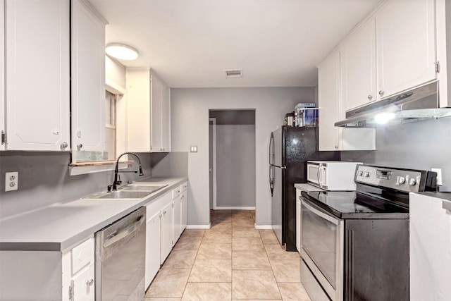 kitchen with visible vents, under cabinet range hood, appliances with stainless steel finishes, white cabinets, and a sink